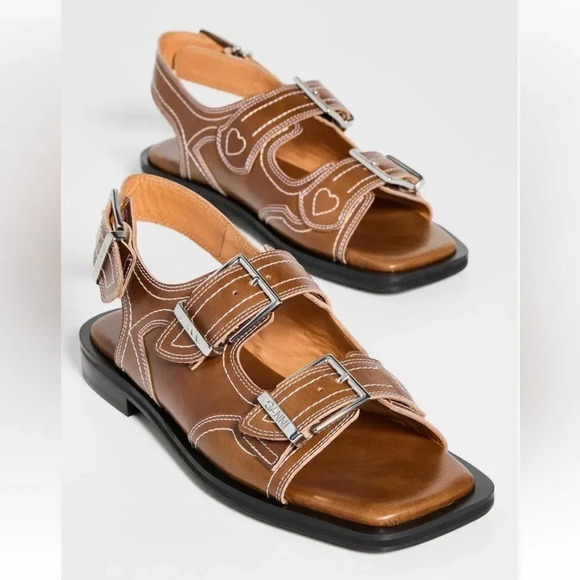 NEW Ganni Embroidered Western Dual Buckle Leather Sandals size EU39 US8.5 - Picture 1 of 14